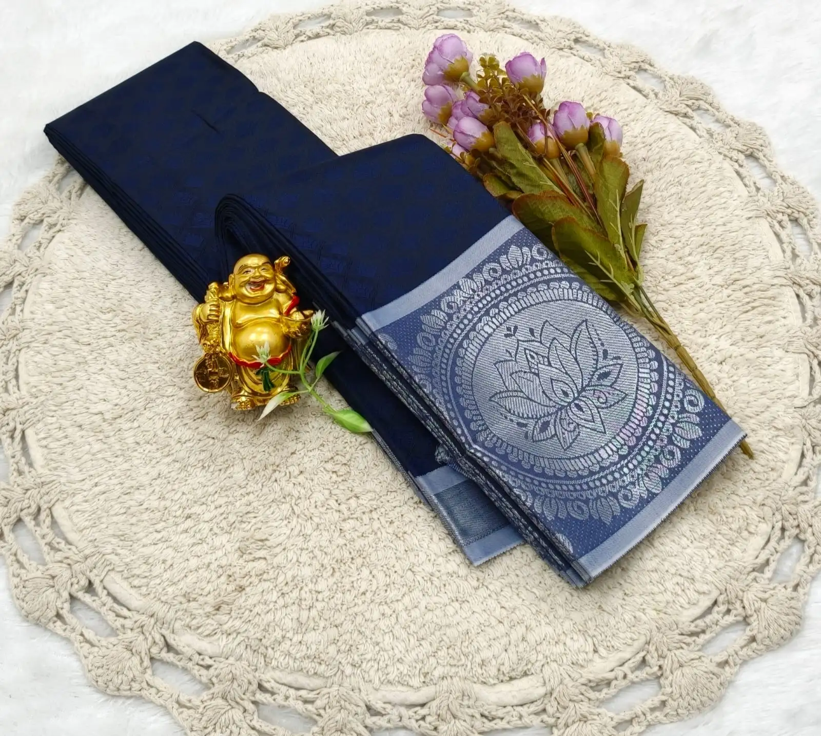 Narayana Pettai Navy Blue Lotus Cotton Saree